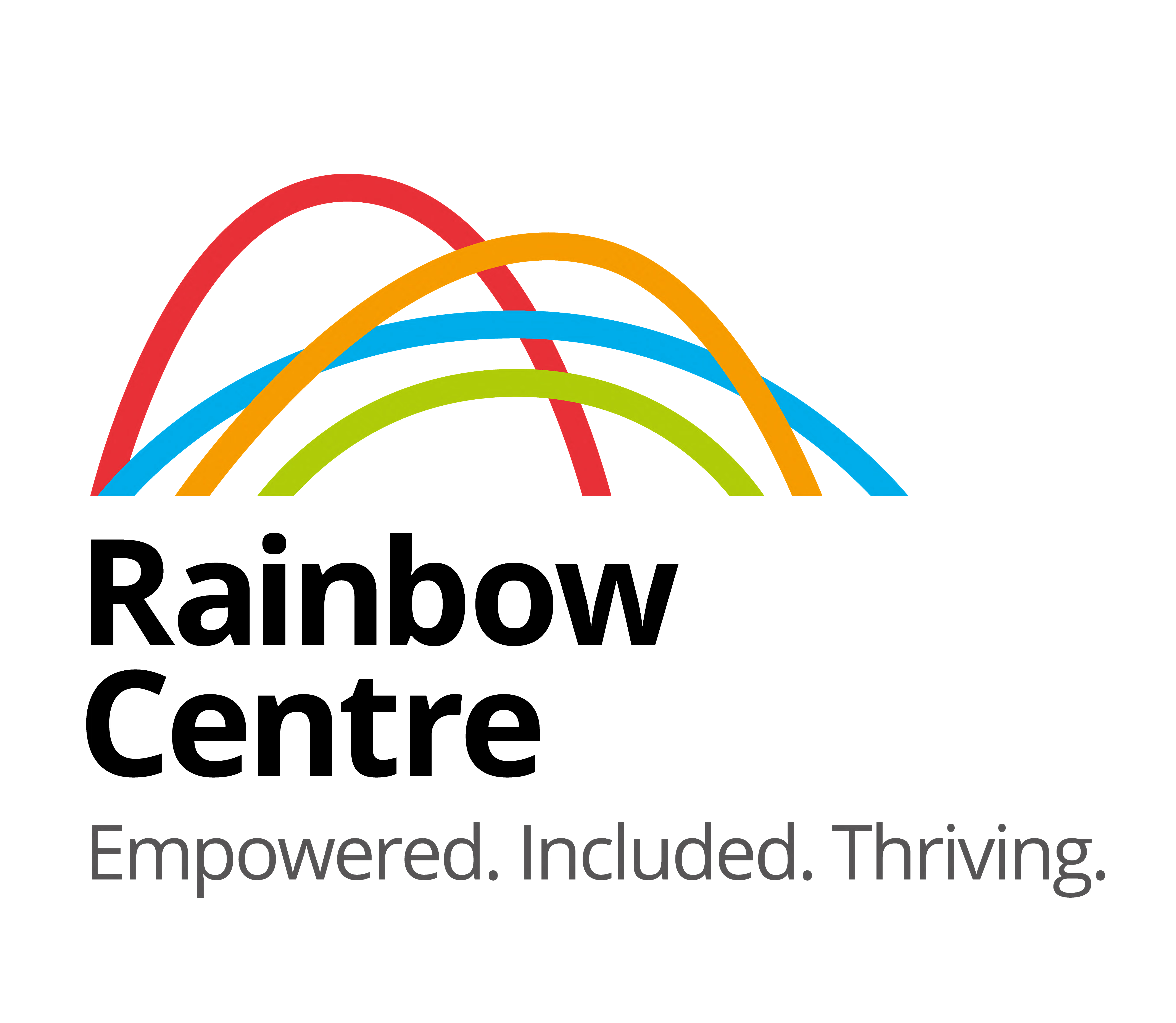 Colourful overlapping arcs above text reading "Empowered. Included. Thriving."